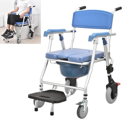 Generisch Toilettenstuhl für Senioren mit Rollen, 3 in 1 Rutschfester Toilettenstuhl & Duschhocker, Duschstuhl mit Armlehne und Toilette, Bis zu 150 kg