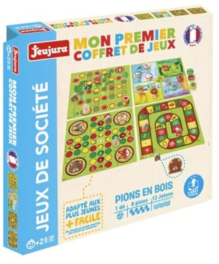 Jeujura - Mon Premier Coffret de Jeux - Jeu de Société dès 2 Ans - 8110 | Jeux traditionels adaptés aux enfants - Jeux des petits chevaux, de l'oie, des échelles, mémo-loto Coffret en bois