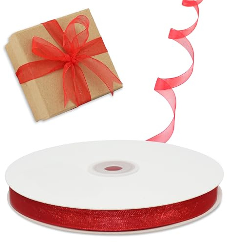 Decoraparty Nastrino in Organza Rosso da 10 mm, Nastro Elegante per Regali, Natale, Laurea, San Valentino, Celebrazione, Bomboniera, Bobina Rotolo da 50 metri