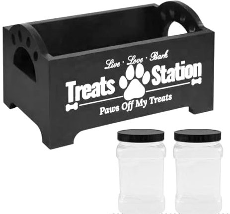 GSDGV Large Dog Food Container With 2 Plastic Jars - Airtight Wood Treat Storage Box for Pet Food and Canned Food (Black)