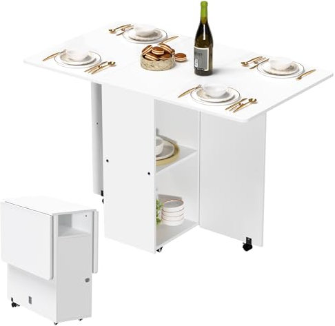 Wohenster Klapptisch Küche Esstisch Ausziehbar Klappbar, Mobiler Klapptisch mit Rädern, Esstisch Klappbar mit Kabinett und Ablagen, Klappbarer Desk Holz Küchentisch 110x70x78cm