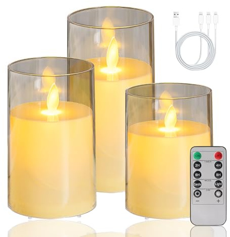 Recitem 3 Pcs Glas Led Kerzen Aufladbar mit Fernbedienung Timer, Dimmbar Wiederaufladbare Flammenlose Kerzen mit Ladekabel für Wohndekoration, Camping, Hochzeiten, Geschenke