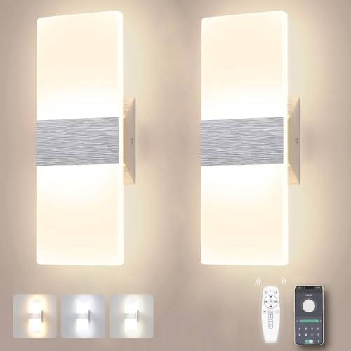 Sytmhoe 2 Stück Acryl Dimmbar Led Wandlampen mit Fernbedienung APP 3CCT | Warmweiß Kaltweiß Neutralweiß umschaltbar wandlichter, 12W Silber 220–230 V AC für wohnzimmer schlafzimmer wohnung flur Gang
