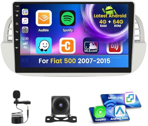 Inefala 4+64G Radio for Fiat 500 2007-2015 CarPlay Stereo Android 15 IPS 9 Touchscreen Android Auto Backup Camera Bluetooth 5.0 GPS EQ 13UI Beige