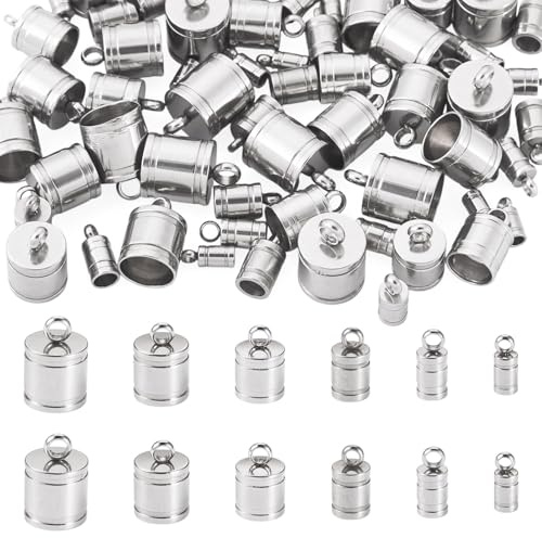Craftdady Edelstahl-Endkappen, 60 Stück, Spalte, Lederschnur, Endkappen, Seilstopper mit hängenden Ringen für Schmuckherstellung, Halsketten-Findung