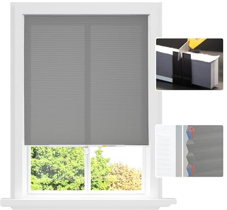 Easy Install Cellular Shades - No Drill Blinds for Windows, Blackout Shades No Drill, Custom Honeycomb Blinds for Easy Cutting - Telescopic Track (Grey, 29 x 64)