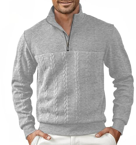 Halfword Pulls Homme Zip Pullover Tricoté Pull à Manches Longues pour Hommes Jacquard Sweatshirts Gris XL