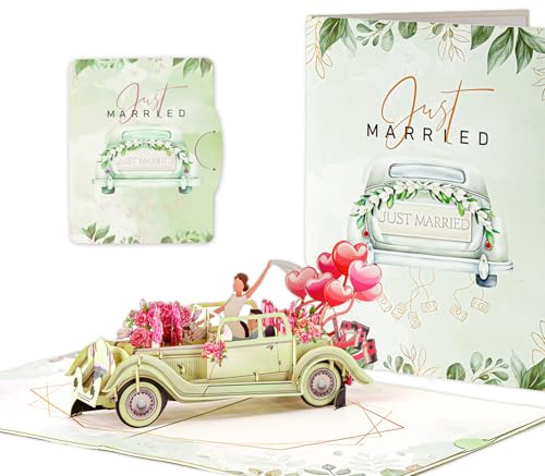 GROVBLE Hochzeitskarte Pop Up,Pop Up Karte Hochzeit,Karte Hochzeit Pop Up,pop up Hochzeitskarte,HochzeitskartE 3d,hochzeitsgeschenKe für Brautpaar,3d karte hochzeit mit Oldtimer und Blumenmotiv
