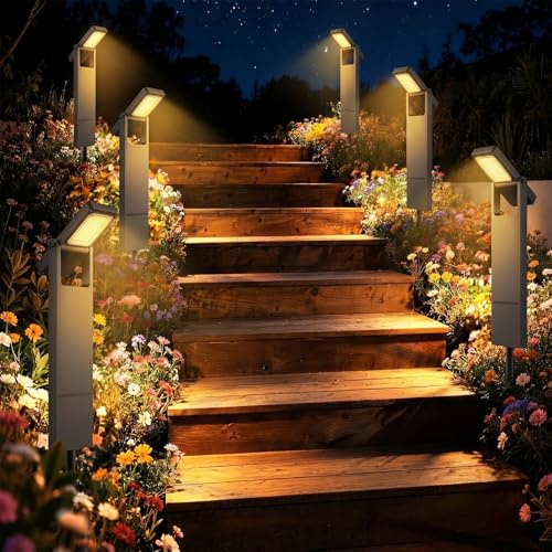 kefflum Lamparas Solares Exterior Jardin, Luces Solares Led Exterior Jardin Suelo 300LM/100LM, Baliza Solar Exterior 2500K-3500K Luz Blanca CáLida, IP65, Aptas Para Caminos Patios y CéSped (6 Piezas)