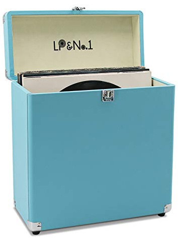 LP&No.1 Vinyl Record Storage Case with Lock Record Organizer Box for 7/10/12 Inch 30+ Single Records Water Resistant Collapsible Storage Crate with Lid Handle for Valuable Album Collection Turquoise
