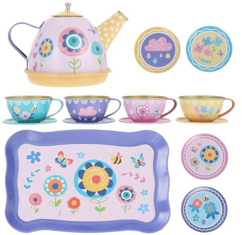 SUPVOX Juego de Té Infantil de Hojalata 14 Piezas, Set de Simulación Jardín Secreto Niñas, Tetera y Tazas de Metal, Accesorios para Juego de rol y Hora del Té en Casa