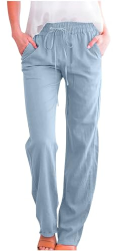Pantalons Lin Femme Été Large Pantalon Femmes Chic et Elegant Confortable Respirant Pants Taille Haute Coupe Droite Pantalon Fluide Coton en Lin Ample Palazzo Pant de Plage Loisirs