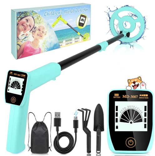 Rilevatore di metalli per bambini con display LCD, ricaricabile con USB-C e bobina di ricerca impermeabile, set di rilevatori per bambini con pala e custodia, ideale per caccia al tesoro, spiaggia