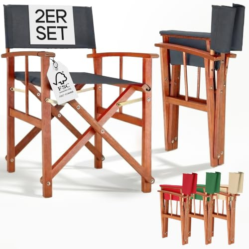 Casaria® Regiestuhl 2er-Set, wetterfest, FSC®-Zertifiziert, anthrazit | Klappbar, mit Armlehnen, waschbarem Bezug & 46cm Sitzhöhe, bis 160kg belastbar, für Balkon, Terrasse & Camping