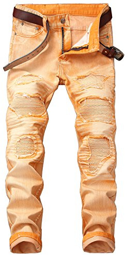 YTD Mens Distressed Ripped Biker Slim Jeans Stretched Moto Denim Pants (W28(Tag 30), Orange)