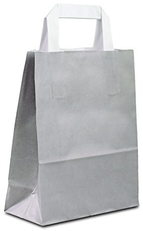 Papiertüten grau mit Flach-Henkel I 100 Stk. 18+08x22cm I Papiertragetasche für Einzelhandel, Weihnachten, Mitbringsel, TO-GO I Geschenktüten aus Kraftpapier I HUTNER
