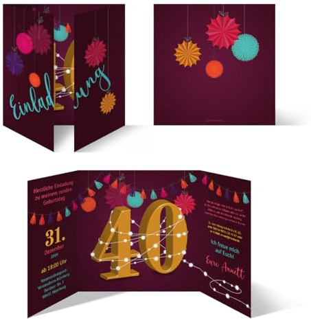 Kartenmachen.de Individuelle Geburtstagseinladungen zum 40. Geburtstag personalisierte Einladungskarten ab 10 Stück selbst gestalten Quadrat 155x155mm Altarfalz - Girlande