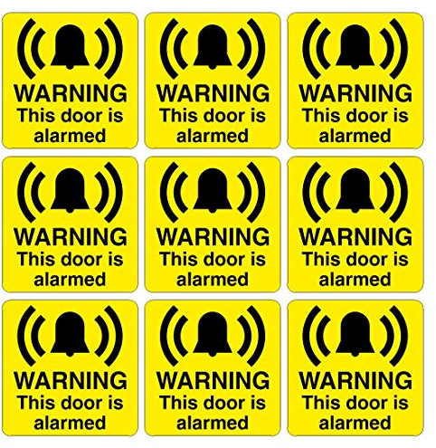 Pack of 9 Security signs. Warning this door is alarmed. Size 60mm x 60mm Self Adhesive Stickers. Ideal for businesses and homes. Easy to apply