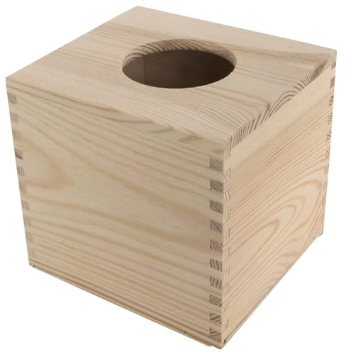 WooDeeDoo Cube Wooden Tissue Box Holder with Sliding Base and Elliptical Top Unfinished Pine Tissue Dispenser for Loose Tissues Bathroom Office Refill-Style Container 14.5 x 13 x 14 cm