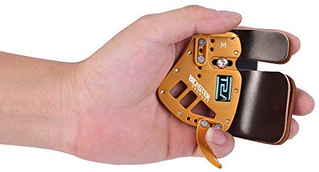 BICASTER Tabs de tir à l'arc pour gaucher en cuir véritable + plaque en aluminium réglable (doré, taille L)