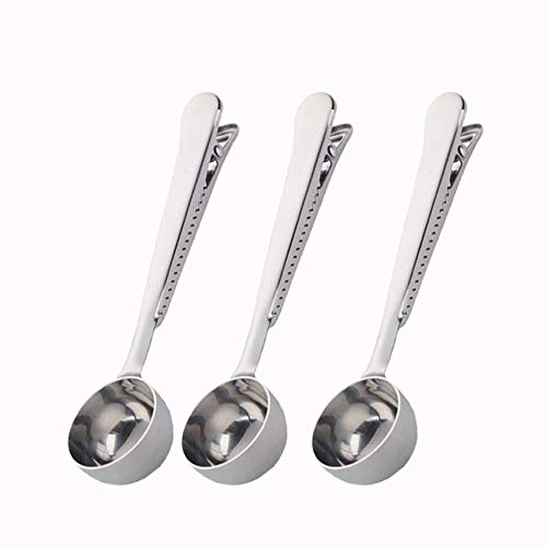 3 Packungen Kaffee-Schaufel Beutel-Clip, 2-in-1 Edelstahl, 1 Esslöffel mit Beutel-Clip für Kaffee, Tee, Tiernahrung