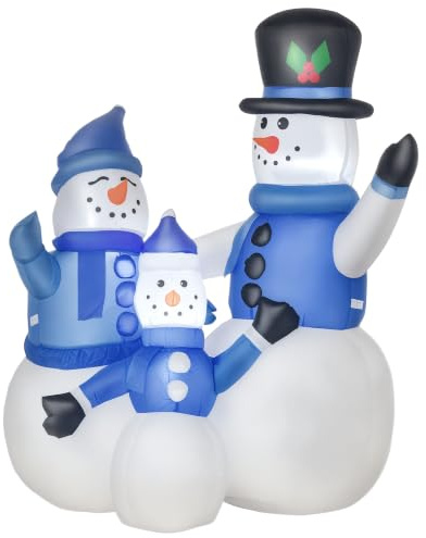 HOMCOM Pupazzi di Neve Gonfiabili da Esterno 120cm Luminosi, Bianco Blu | Decorazione Natalizia Impermeabile con Picchetti e Corde