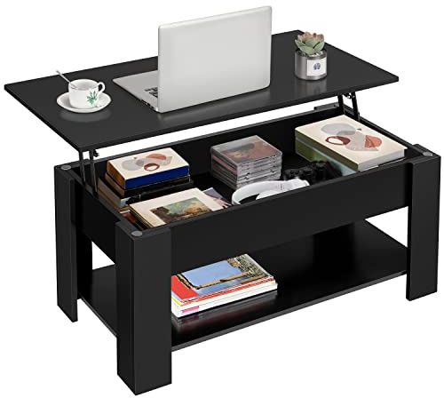 Yaheetech Table Basse Relevable Compartiment Caché Etagère Rangement