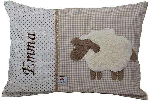 Glückspilz Namenskissen personalisiert, Babykissen mit Namen Bestickt, Schaf, Beige, 30 x 45 cm