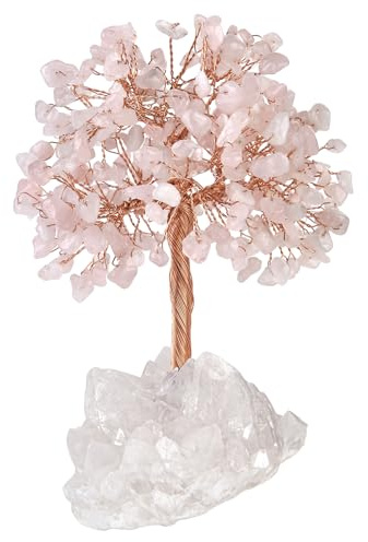 Nupuyai Rosenquarz Edelstein Baum mit Bergkristall Druse Basis Glücksbaum | Kristall Baum des Lebens Figur, Feng Shui Geldbaum, Chakra Heilstein, Hochzeit Wohnzimmer Deko, Damen Glück Geschenk