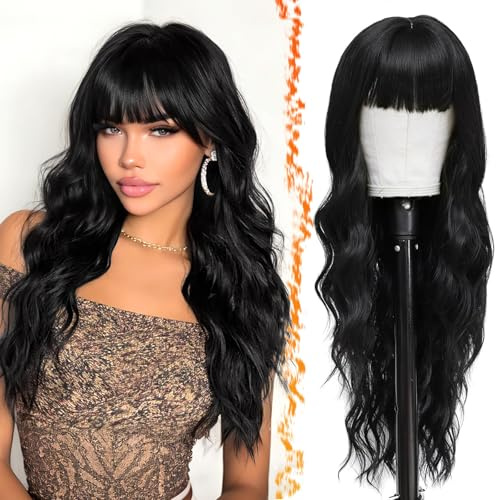 BARSDAR Lange Gewellt Schwarz Perücke mit Pony, 66cm Lange Gewellt Schwarz Perücke mit Pony für Damen Dick Synthetische Haar Perücken Haar Replacement Lockige Perücken Natürlich Aussehendes Halloween