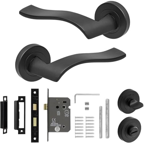 Decoranddecor Matt Black Door Handles Internal Bathroom Lock Curved Lever | CE marked, thumb turn and release, built to last, Bathroom Door Handles with Lock, fits 35-45 mm doors, Emblaze Range