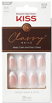KISS Classy ​​Press On Nägel - Dashing Hellweiß French nude mittellange Mandel Coffin Form - 28 Press On Kunst-Nägel zum Aufkleben DIY, 2g Nagelkleber, 1 Maniküre-Stäbchen, 1 Mini-Feile