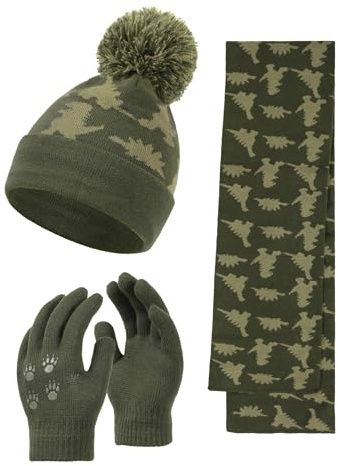 NATUST Mütze Schal Handschuh-Sets für Jungen Dinosaurier Wintermütze mit Bommel Warmer Strickschal Handschuhe