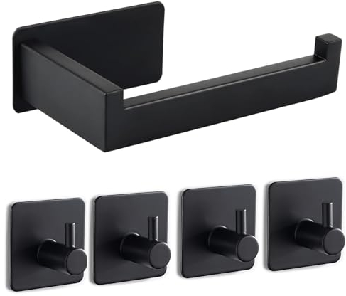 Toilettenpapierhalter Ohne Bohren, Selbstklebend Klopapierhalter WC Papierhalter Edelstahl Toilettenpapierrollenhalter mit 4 Stück Handtuchhaken für Küche und Badzimmer, Schwarz