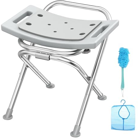 UGarden Folding Shower Chair Seat, 17.5 Stainless Steel Small Shower Chair for Inside Shower with Pad, 400lbs Portable Travel Shower Stool, Safety Anti-Slip Bath Chair for Seniors, Disabled, Gray