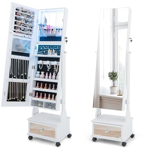 RELAX4LIFE Schmuckschrank mit 3 Spiegeln, Spiegelschrank mit 4 Rädern & 3 farbigen LEDs & Schubladen & Ablage, Schmuckorganizer 360° Drehbar & Abschließbar & Neigungsverstellbar (Weiß)