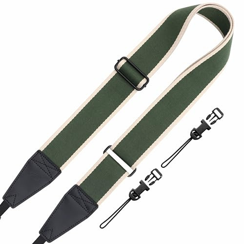 Padwa Lifestyle Adjustable Camera Strap - 2 Top Layer Cowhide Head Camera Straps for Photographers,Soft Cotton Crossbody Strap with Quick Release fits All Cameras - Green Stripe