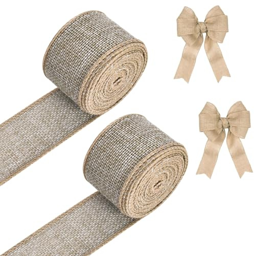 2 Rollen x 5 m Juteband Natur, Sackleinen Band Vintage 4cm Breite Decoband, Für DIY Handwerk Verpackung, Geschenk, Hochzeit, Weihnachten, Blumenstrauß Dekoration (Natürliche Farbe)