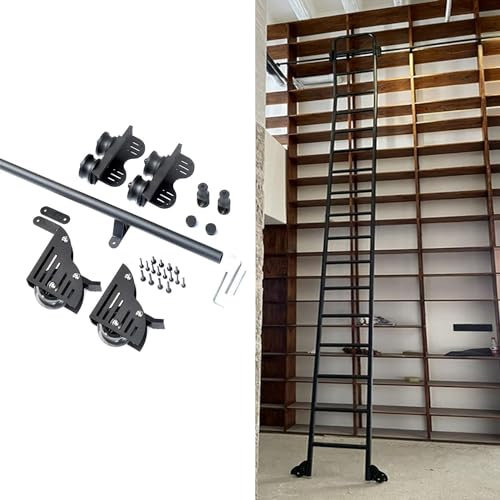 Einziehbarer Rollleiterbausatz für Bibliotheken (ohne Leiter), Hardwarebausatz für horizontale Rollen und Wandmontage mit Seilzug, Stabiler Stil und funktionales Design (Größe: 16,