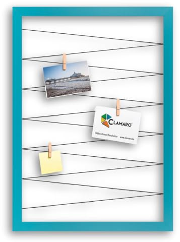 Clamaro Cornice Portafoto Collage Flex, 40 x 60 cm, Turchese, per Foto | Cornice in MDF Interamente Rivestita, Cordino Elastico Teso, Mollette Portafoto in Legno Vero, Gancio da Parete, Cartoline