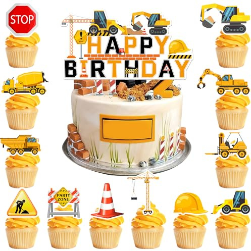 Construction Vehicle Cake Decoration Kit,13pcs Bau Thema Kuchendekoraion Topper Baufahrzeug Geburtstag Kuchen Topper Set für Bau Thema Geburtstag