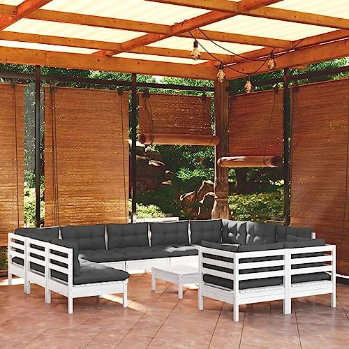 WEMYUFURN 12-TLG. Garten-Lounge-Set mit Kissen Weiß Kiefer Massivholz, Outdoor-Sitzgruppe, Terrassen-Lounge-Set, Garten-Couchgarnitur - Wetterbeständig, Komfortabel - für Terrasse, Garten und Balkon