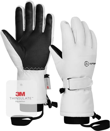 INPAKO Winter Ski Gloves Men Women, 3M Snow Gloves, Waterproof Windproof Touchscreen Snowboarding Gloves, 5-Layer Thermal Warm Cold Weather Gloves for Skiing, Snowboard, Snowmobile White L