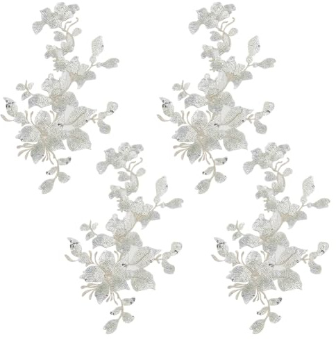HOBBIESAY 4 pezzi ricamati con paillettes, applicazioni in pizzo, fiori argentati, toppe in poliestere, decorazioni floreali, decorazioni per il cucito, per il fai da te