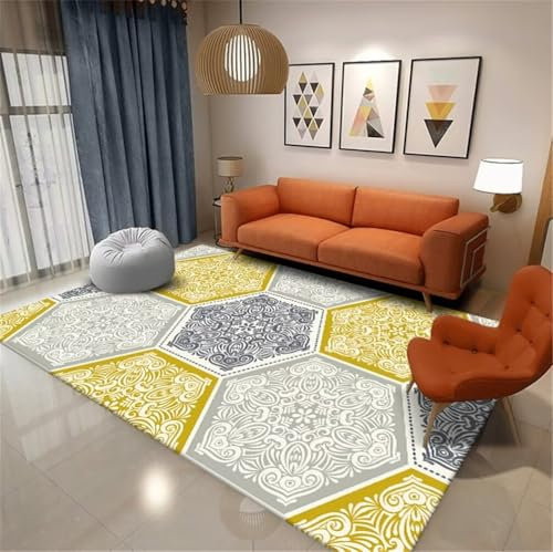 RUGMRZ Teppich nach maß Gross 150x200CM Teenager mädchen flurteppich rutschfest Gelb Grauer, leicht zu reinigender, moderner geometrischer