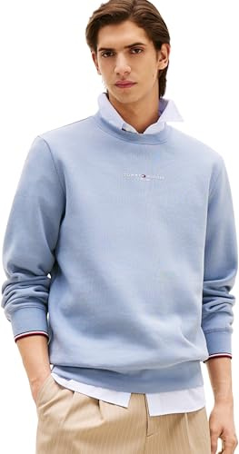 Tommy Hilfiger Uomo Felpa Logo Crewneck Scollo Rotondo, Blu (Brisk Blue), S
