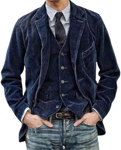 Nbzsmlkn Giacca E Gilet Vintage Daviro, Giacca Casual da Uomo in Velluto A Coste con Risvolto A Intaglio, Giacca Blazer Vintage Slim Fit con Un Bottone E Gilet (L,Blu Scuro)