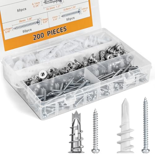 200PCS Drywall Anchors And Screws Kit Self Drilling, 50 Zinc Metal Wall Anchors+50#6 Screws, 50 Nylon Drywall Anchors+50#8 Screw for Hanging Picture Frame, Mirror, Wall Cabinet, Lamp