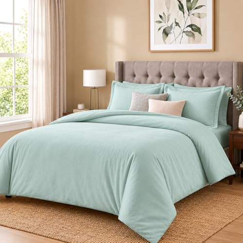 Luxury Brushed Cotton Flannelette Duvet Cover Set Thermal Warm Bedding Set with Deep Fitted Sheet & Pillowcase, Soft Cosy Winter Quilt Cover Bedding (Duck Egg, Double)