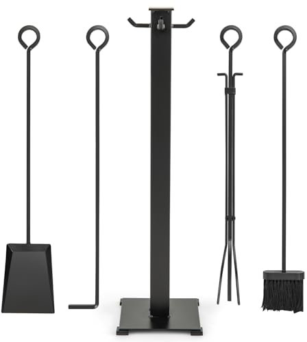 TANGZON Fireplace Companion Set, Fireside Tools with Tong, Shovel, Brush & Poker, Indoor Outdoor Log Burners Fireplace Accessories Kit（5 Pieces,Square Base, Black）